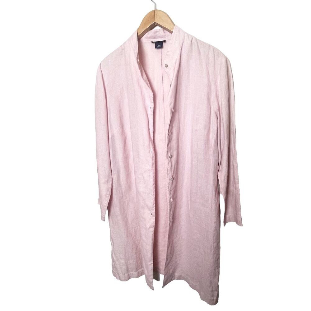Lands End 100% Linen Duster Tunic Button Up Side Slits Sz 16W Boho LagenLook - Picture 2 of 8